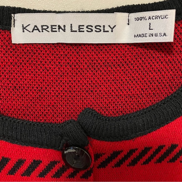 Vintage Karen Lessly Red and Black Button Down Cardigan Sweater - Picture 5 of 7
